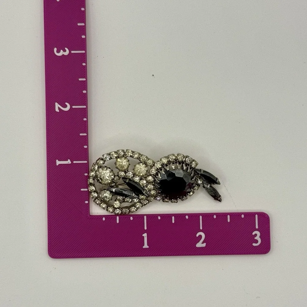Vintage Black Rhinestone Brooch Silver Tone Clear Crystals Mid Century